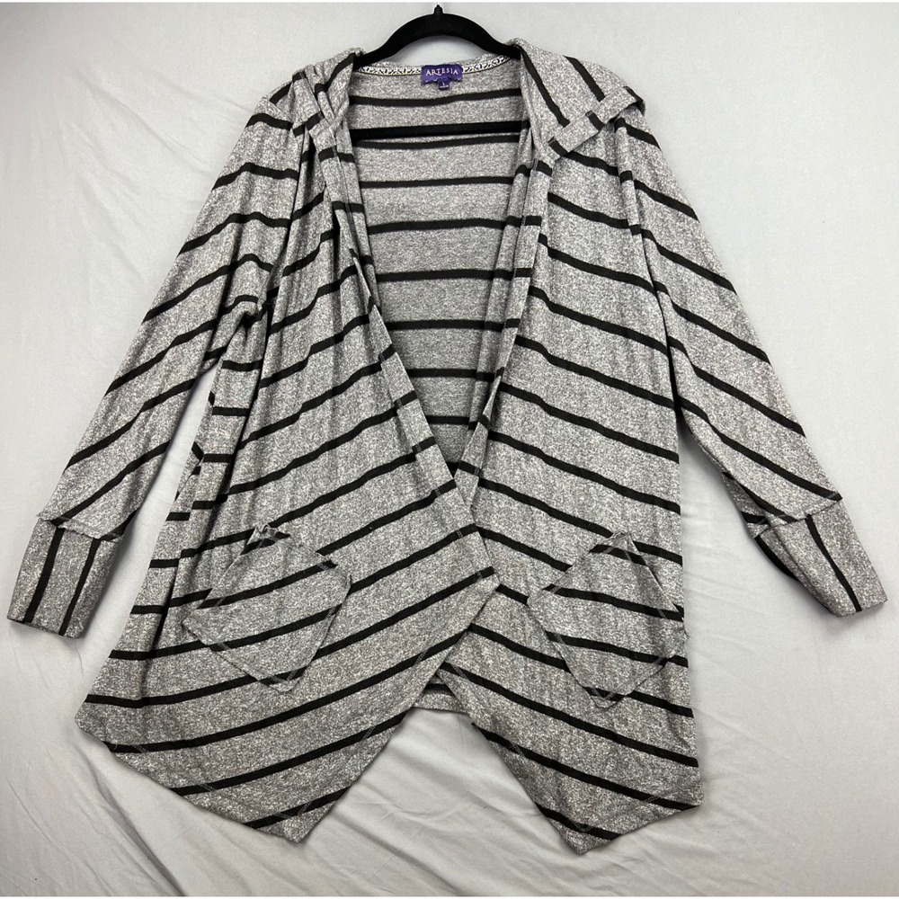 Artesia Cardigan Women Large Hooded Open Front Grey Black Striped Excellent